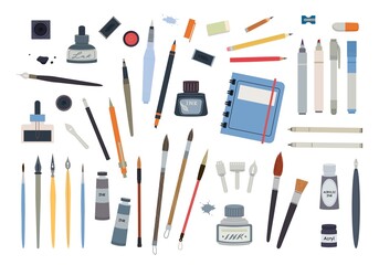 Professional drafting and painting tools set. Drawing pens and sharpened pencils with markers special ink brushes with sharp points erasers for geometry and fine arts. Vector cartoon engineering.