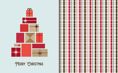 christmas tree made with gift boxes with ribbons and seamless pattern