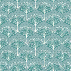 White Delicate Vertical Ginkgo Leaves on Blue Vector Seamless Pattern