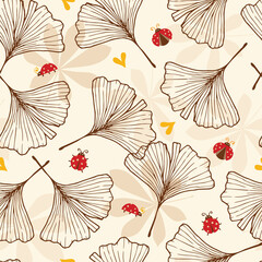 Brown Ginkgo Leaves with Lady Bugs and Hearts Vector Seamless Pattern