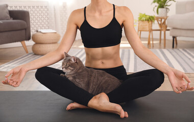 Fototapeta premium Woman with cat practicing yoga at home, closeup