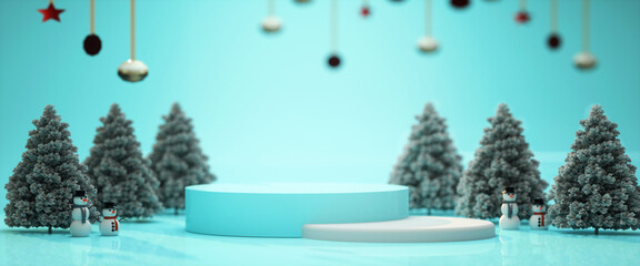 3d render, mint blue background with Christmas ornaments and gifts. Abstract winter holiday horizontal banner