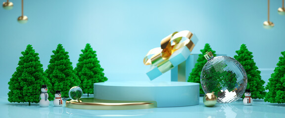 3d render, mint blue background with Christmas ornaments and gifts. Abstract winter holiday horizontal banner