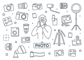 Photographer doodle elements set.