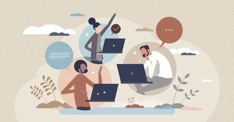 Hybrid team colleagues with distant online video call tiny person concept. Business project meeting using online messaging for distant work vector illustration. Flexible job workspace location choice.