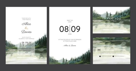 wedding invitation with mountain view watercolor background