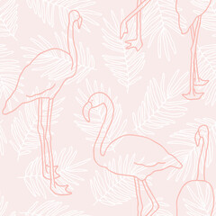 Seamless pattern with hand-drawn outlines of flamingos and palm leaves on a pink background