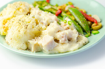 Tender pieces of smoked haddock and pollock in a creamy cheese sauce sat beneath buttery mash served with vegetables