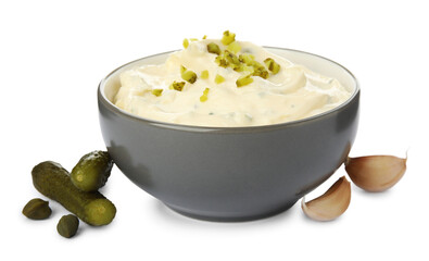 Tartar sauce and ingredients on white background