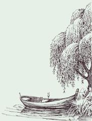 Boat on lake anchored near a willow tree - 463826611