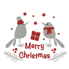 Vector christmas greeting card with birds, gift box, stars and text Merry Christmas isolated on white background