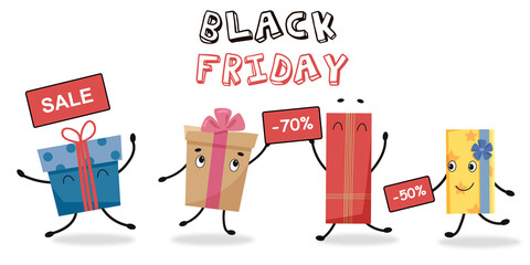 Black friday sale banner template, vector illustration with cartoon gift boxes. Big sales on white isolated background