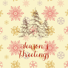 Pine trees Christmas greeting card, season's greetings, snowflakes background pattern