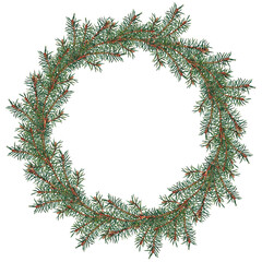 Christmas decorative wreath of realistic green fir tree branches. Round frame. Watercolor hand painted isolated element on white background.