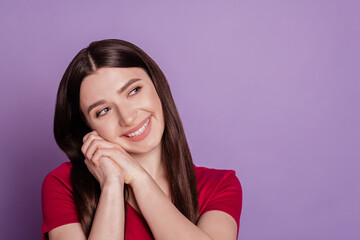 Fototapeta premium Photo of young attractive girl lovely sweet happy positive smile hands touch cheek dream isolated over violet color background