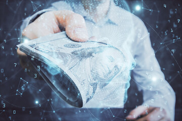 Multi exposure of brain drawing hologram and us dollars bills and man hands. Ai invest concept