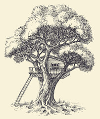 Tree house vector hand drawing. A playhouse built in an oak tree - 463828269