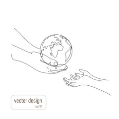 Planet Earth saving concept.Adult hands give away small planet Earth in childrens hands, in out line style.Vector illustration isolated on white background.Earth day