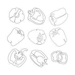 Out line sweet peppers set, isolated on white background, Fresh vegetables peppers, excellent vector decorative element, coloring book.Vector ink illustration