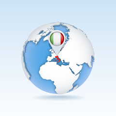 Italy - country map and flag located on globe, world map.