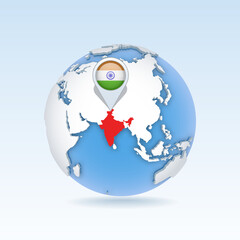 India - country map and flag located on globe, world map.