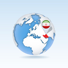 Iran - country map and flag located on globe, world map.