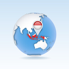Indonesia - country map and flag located on globe, world map.