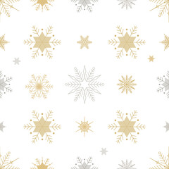 Christmas, new year seamless pattern, golden and silver snowflakes line illustration. Vector icons of winter holidays, cold season snow flakes, snowfall