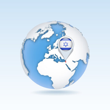 Israel - country map and flag located on globe, world map.
