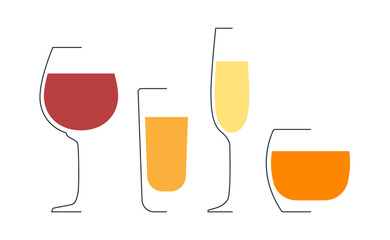 Red wine, rum, champagne and whiskey glass in minimalist linear style. Contour of glassware on left side in form of fine black line. Drink is depicted in form of shape with colored fill.
