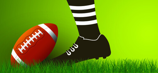 Obraz premium American football white shoe on green grass field. Sport team game cup. Rugby ball day. Super bowl weekend party. USA, sport finale, school games or on street. Vector template background sign. Shoes