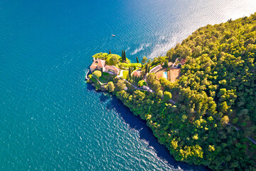 Fototapeta na wymiar Villa Balbianello on Lake Como aerial view