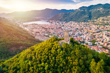 Baradello tower and town of Como aerial view
