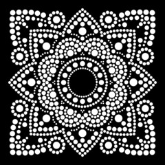 Dot art vector ethnic mandala in square, traditional indigenous Aboriginal dot painting design from Australia in white on black background
 