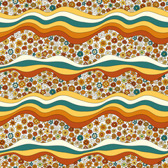 70s retro flower vector seamless pattern. Groovy vintage floral repeat pattern with flowers, simple shapes.Wavy geometric floral hippie print for wallpaper,banner, fabric, wrapping.Abstract background