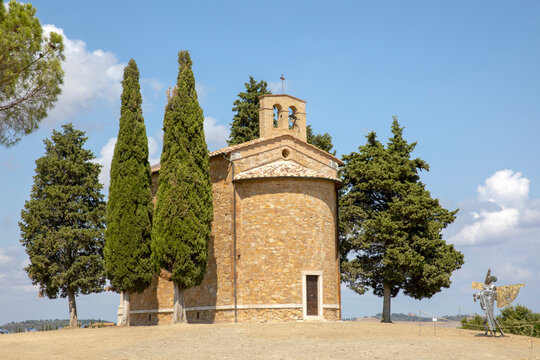 San Quirico d' Orcia (SI), Italy - August 05, 2021: The Cappella della Madonna di Vitaleta, Tuscany, Italy