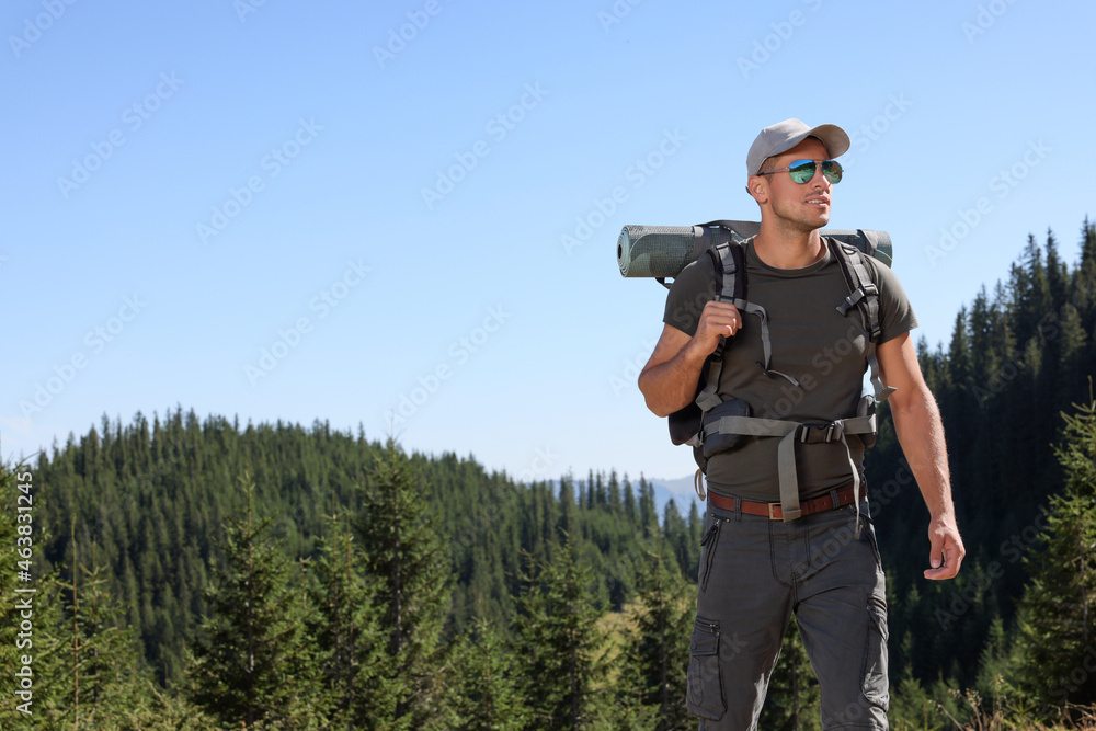 Sticker Tourist with backpack in mountains on sunny day. Space for text