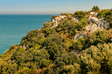 View of a wild sheer cliff overgrown with greenery with the blue water of the mediterranean sea in the background