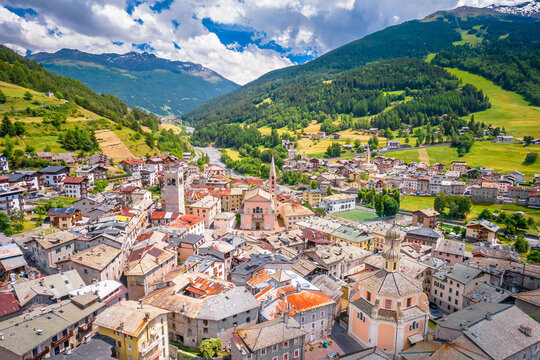 Town of Bormio in Dolomites Alps aerial view