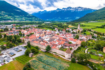 Fortified village of Glorenza or Glurns in Val Venosta aerial view