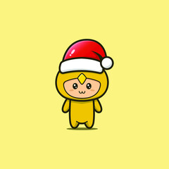 Cute of Christmas little chicken mascot. Isolated on yellow background