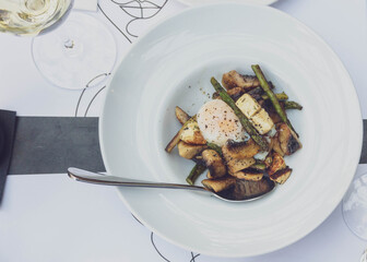 gourmet plate with sautéed mushrooms, asparagus, chios mastel (cheese), poached egg and truffle oil