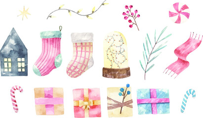 new year set with christmas clipart, childish watercolor illustration