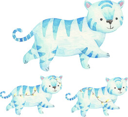 new year set with blue tigers in lights 2022, kids watercolor illustration