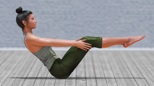 Virtual Woman in Yoga Half Boat Pose with a clear wood floor