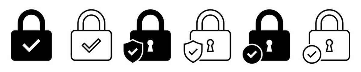 Set of security lock icons. Circle and shield with lock icon with check mark. Security lock, cyber defence. Vector illustration. © SVIATOSLAV