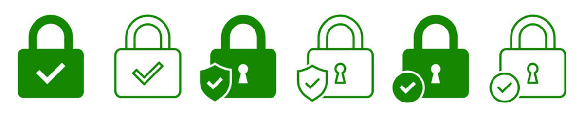Set of security lock icons. Circle and shield with lock icon with check mark. Security lock, cyber defence. Vector illustration.