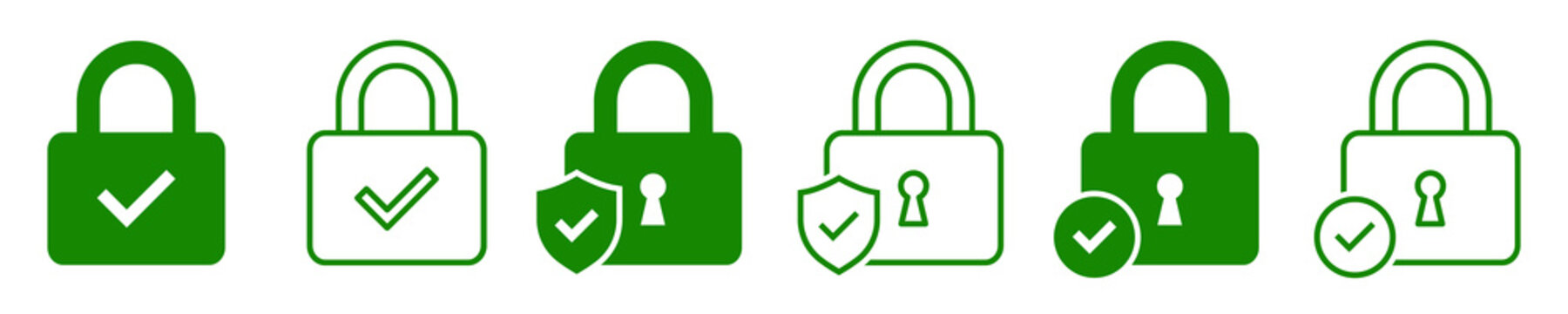 Set of security lock icons. Circle and shield with lock icon with check mark. Security lock, cyber defence. Vector illustration.