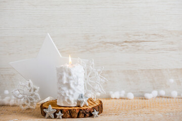 Vintage Nordic style minimalist Christmas background with a lot of copy space. Selective focus on...