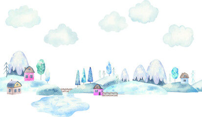 winter landscape, mountains, lake, trees, houses, children's illustration in watercolor on a white background, decor of a children's room, print